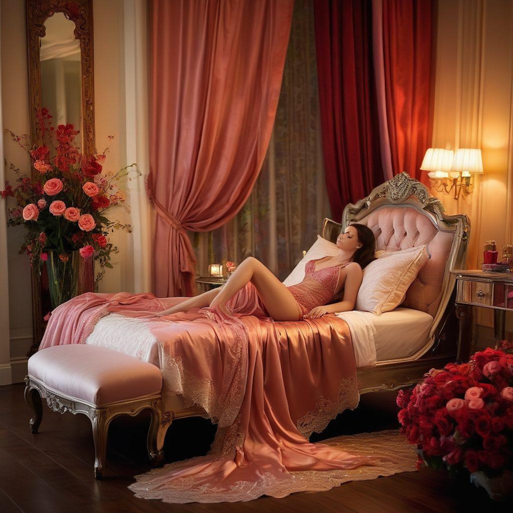 A glamorous bedroom scene featuring a luxurious lace lingerie set displayed elegantly on a vintage chaise lounge, soft candlelight illuminating the room. Include delicate flowers and satin sheets to evoke a sensual atmosphere, with a mirrored vanity reflecting the allure. The color palette should be rich and inviting, blending deep reds and soft pinks. super-realistic. vibrant colors. elegant ambiance.