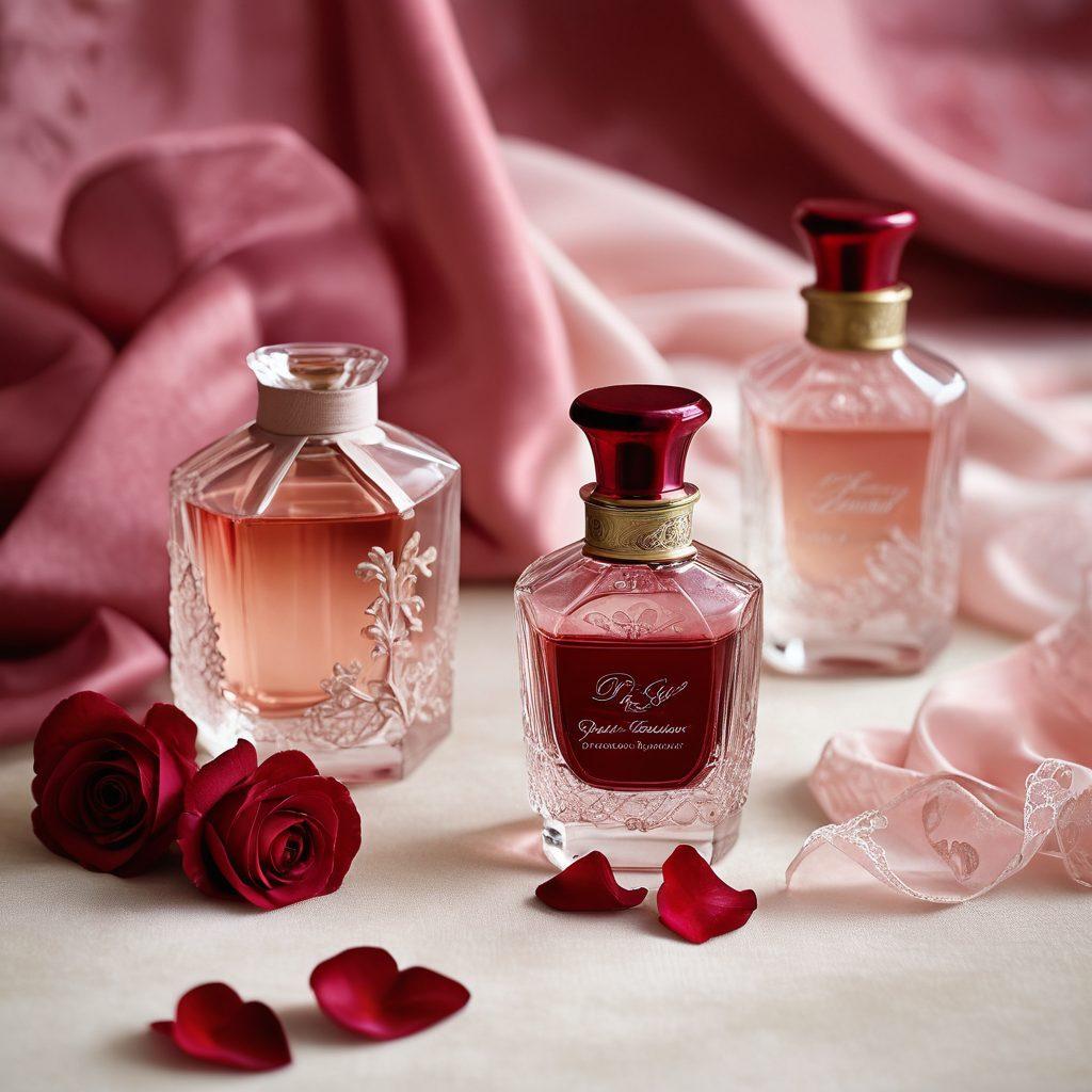 A luxurious display of delicate lace lingerie in shades of deep red and soft pink, elegantly arranged against a plush velvet background. Scatter rose petals around the pieces to enhance the romantic ambiance. Incorporate soft, diffused lighting to create a dreamy atmosphere. Include subtle hints of vintage perfume bottles and silk ribbons for added elegance. dreamy and sophisticated. soft lighting. rich textures.